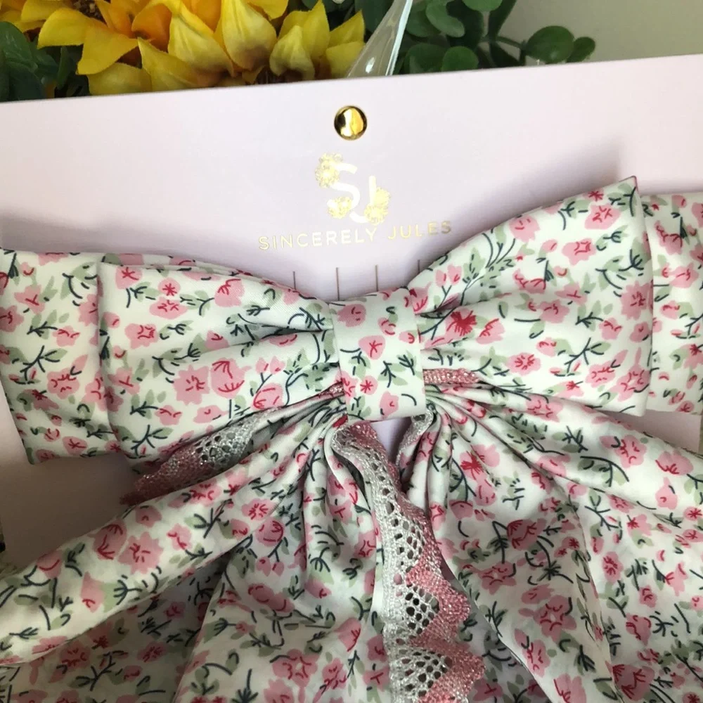 Sincerely Jules Large Floral Hair Bow with Pink Lace Trim